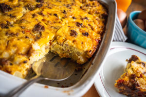 Breakfast casserole made with eggs and sausage