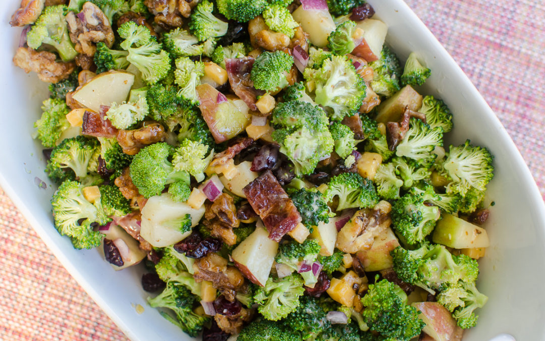 Broccoli, Apple, & Cheddar Salad with Candied Walnuts and Bacon