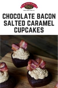 Heart shaped bacon on chocolate salted caramel cupcakes.